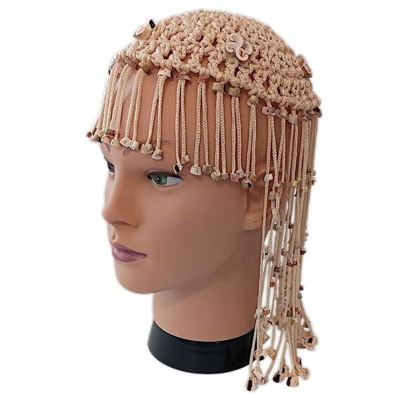 Vtg 70s Macrame Crown Headpiece Cowrie Shell Flapper Seashell Bohemian Cleopatra main image 15